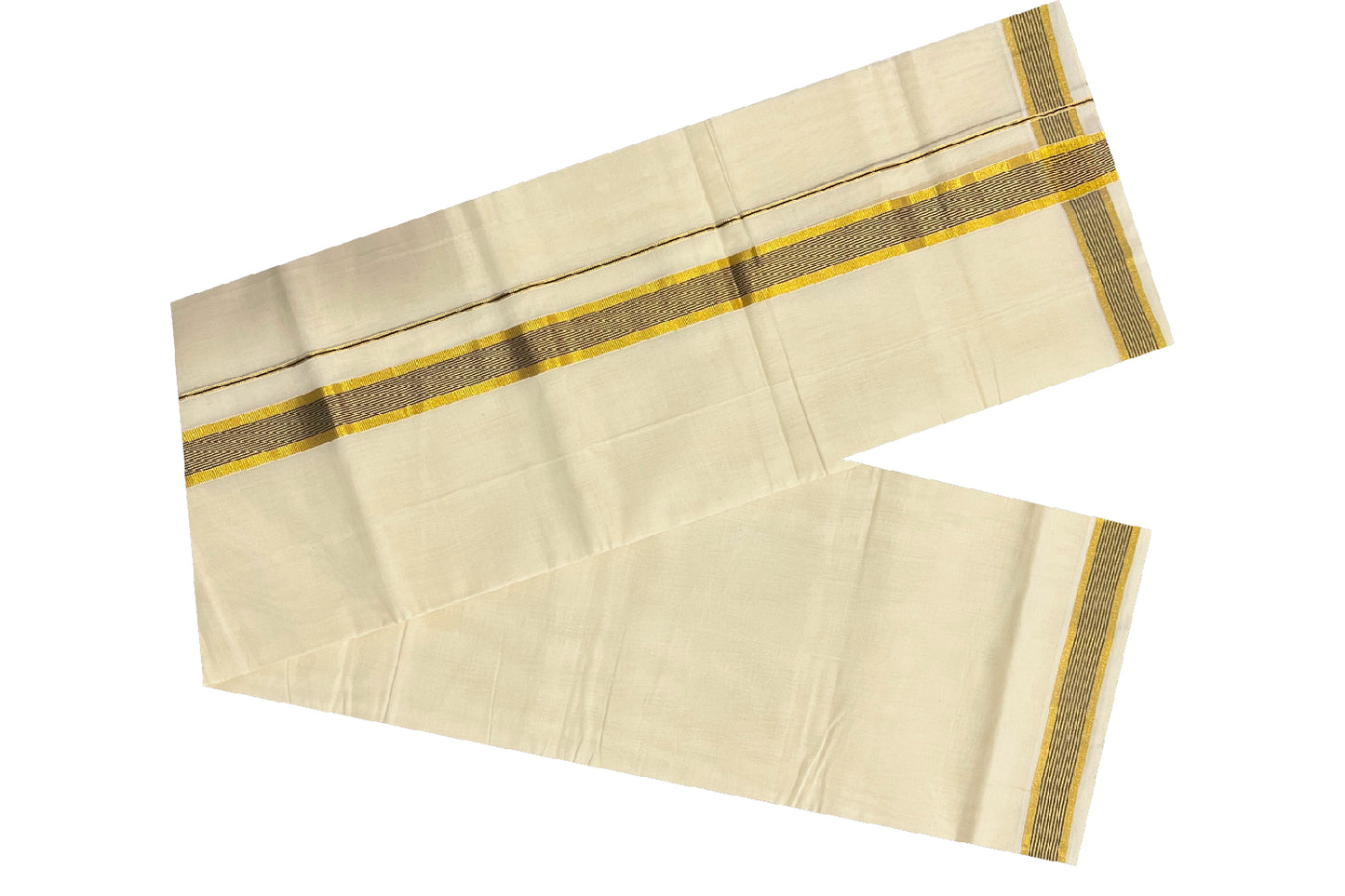 Southloom Balaramapuram Handloom Pure Cotton Mundu with Golden and Black Line Kasavu Border (South Indian Dhoti)