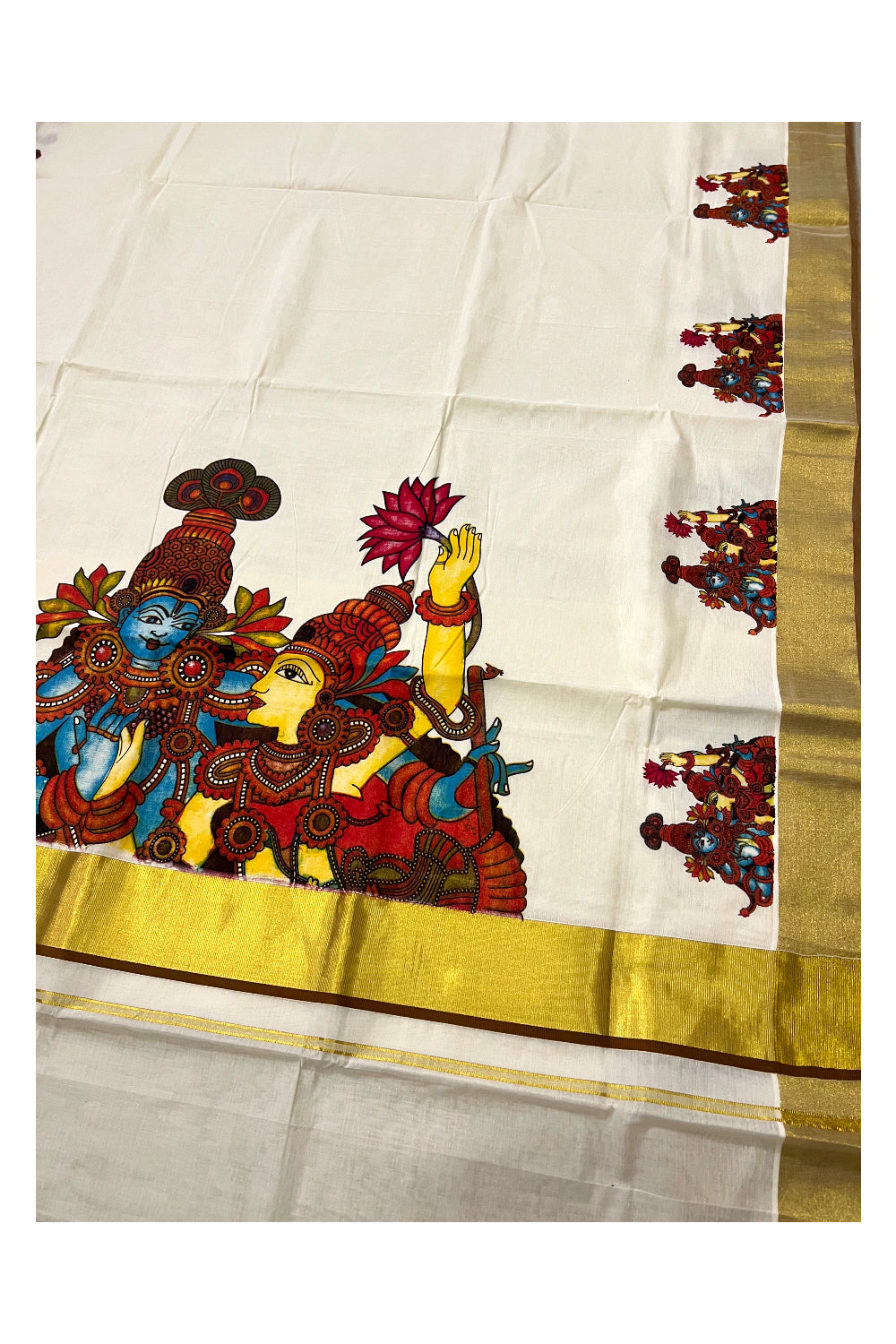 Kerala Pure Cotton Kasavu Saree with Mural Krishna Radha Printed and Light Brown Border