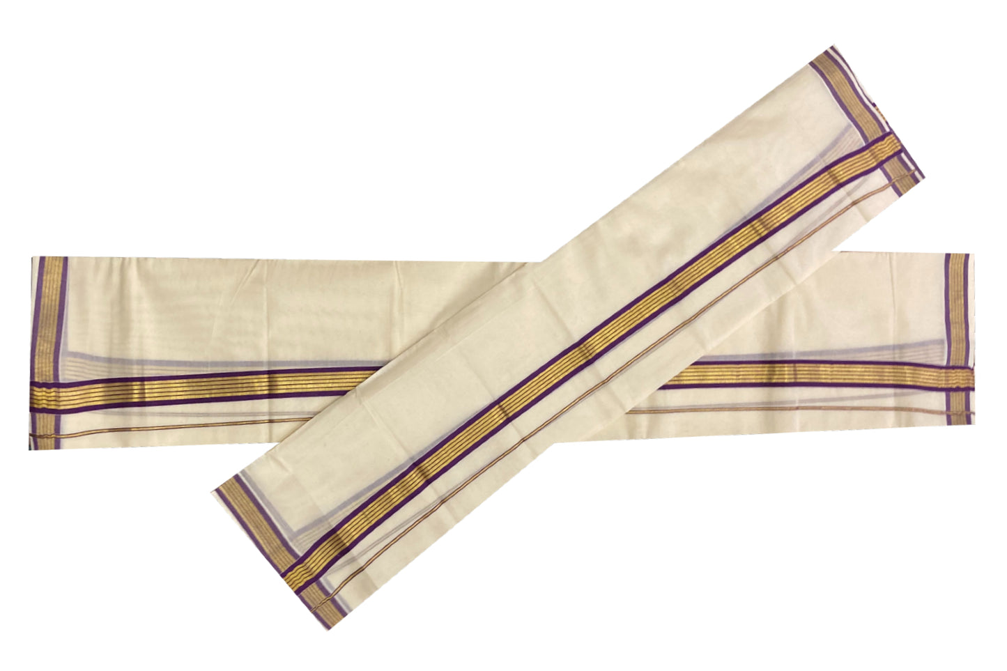 Kerala Cotton Mundum Neriyathum Double (Set Mundu) with Purple and Kasavu Border