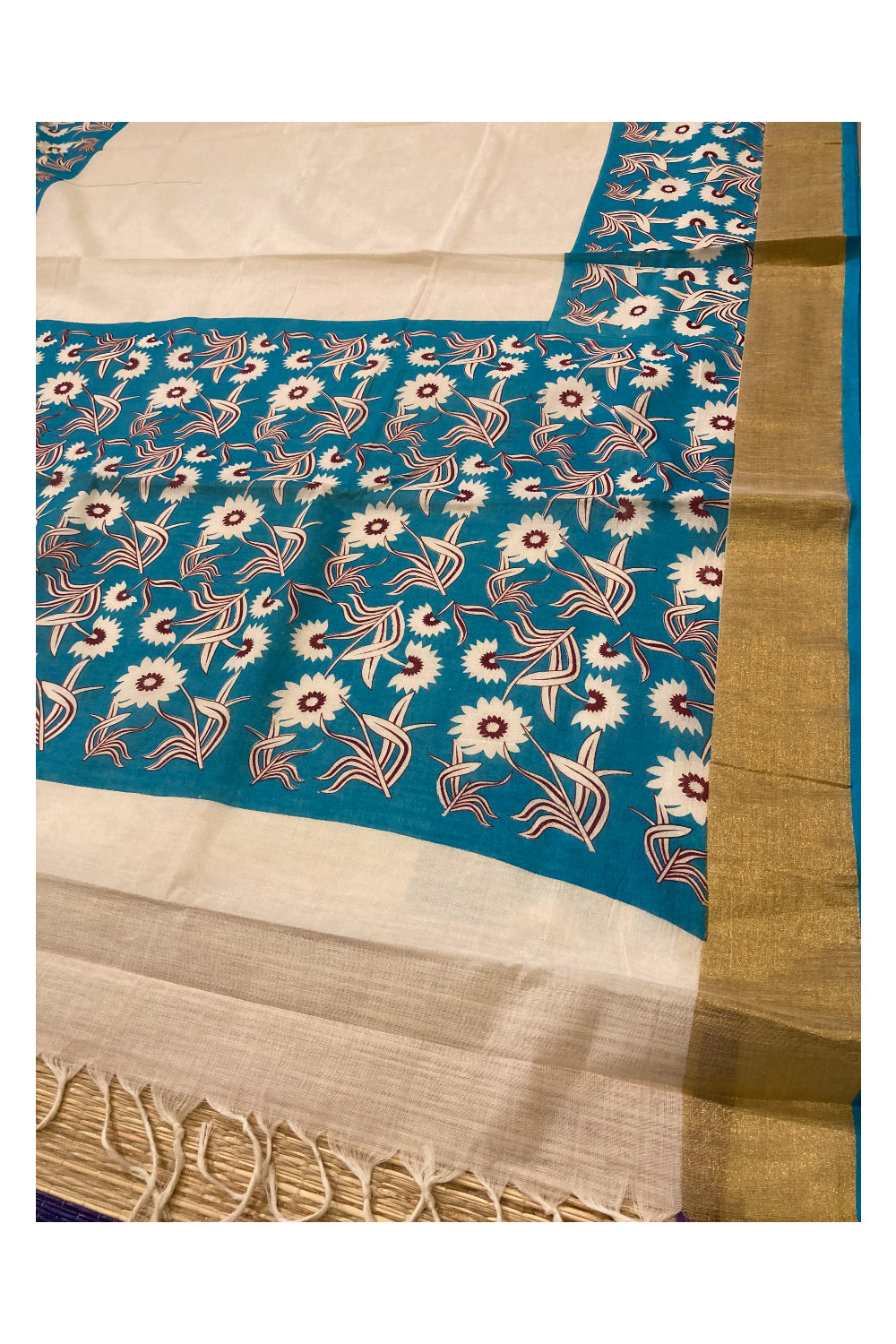 Kerala Pure Cotton Saree with Blue Warli Printed Floral Design and Kasavu Border