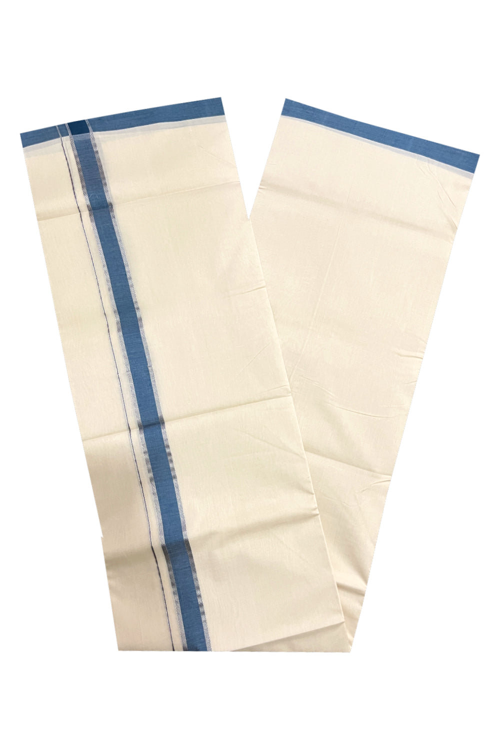 Southloom Premium Unakkupaavu Handloom Mundu with Silver Kasavu and Blue Border (South Indian Dhoti)