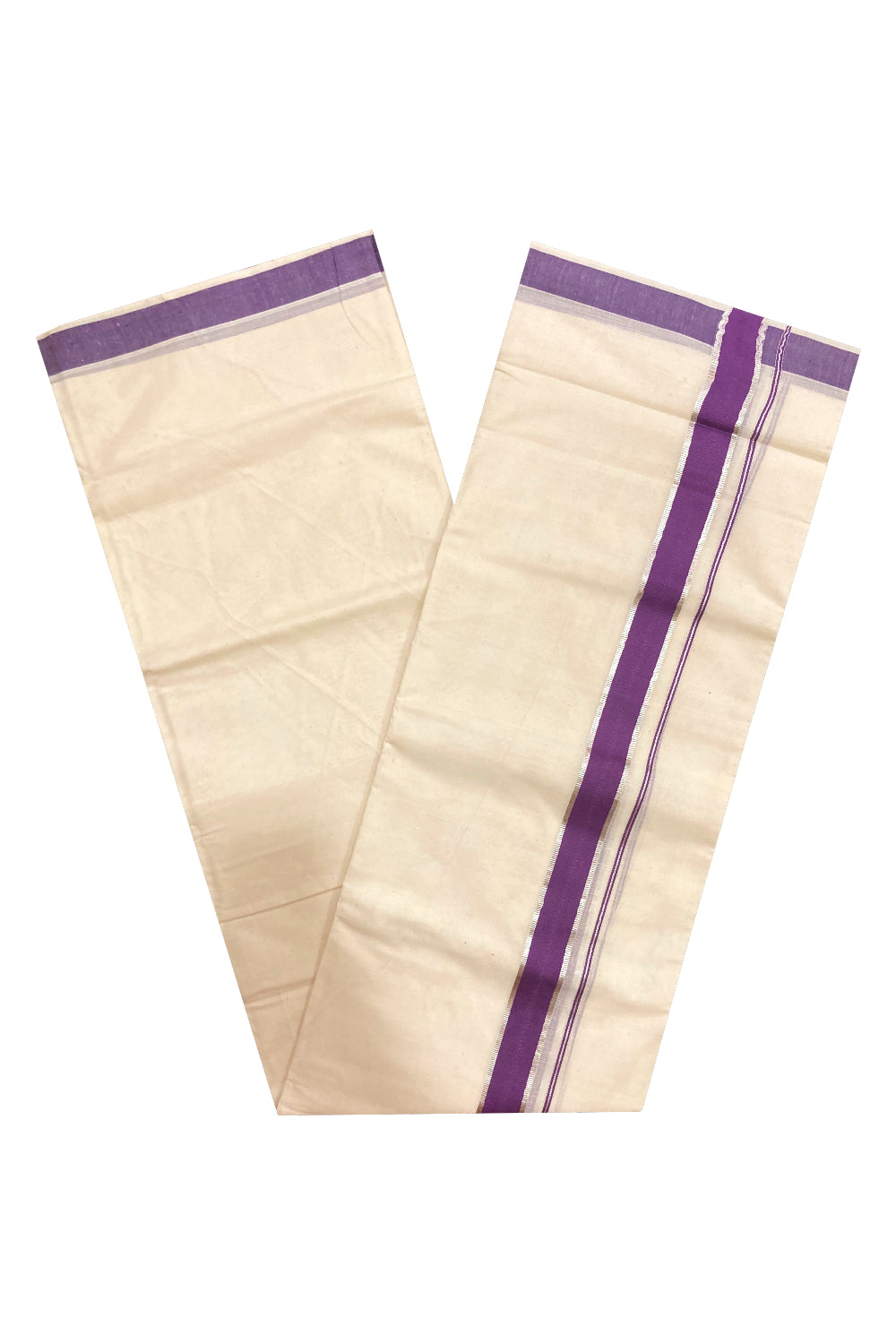 Pure Cotton Double Mundu with Violet and Silver Kasavu Border (South Indian Kerala Dhoti)