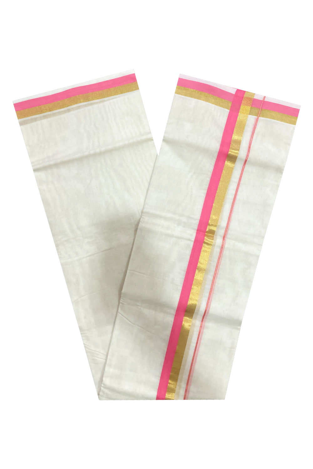 Southloom Premium Handloom Pure Cotton Mundu with Kasavu and Pink Border (South Indian Kerala Dhoti)