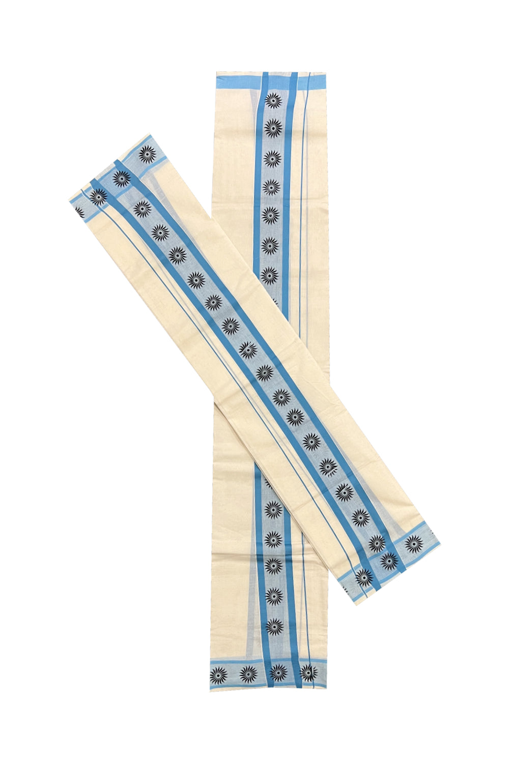 Kerala Cotton Set Mundu (Mundum Neriyathum) with Black Block Prints on Light Blue Border