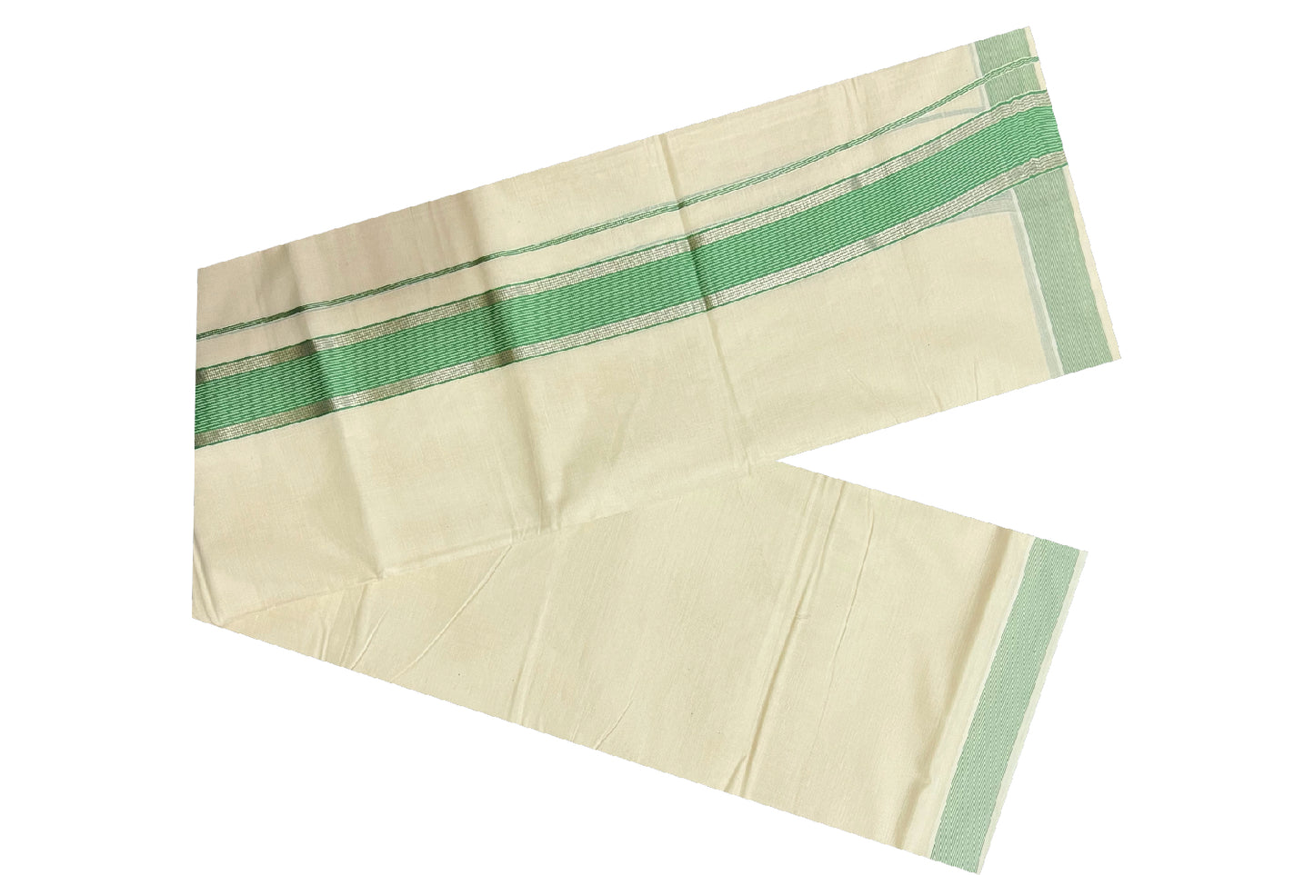 Off White Kerala Double Mundu with Silver Kasavu and Light Green Border (South Indian Dhoti)