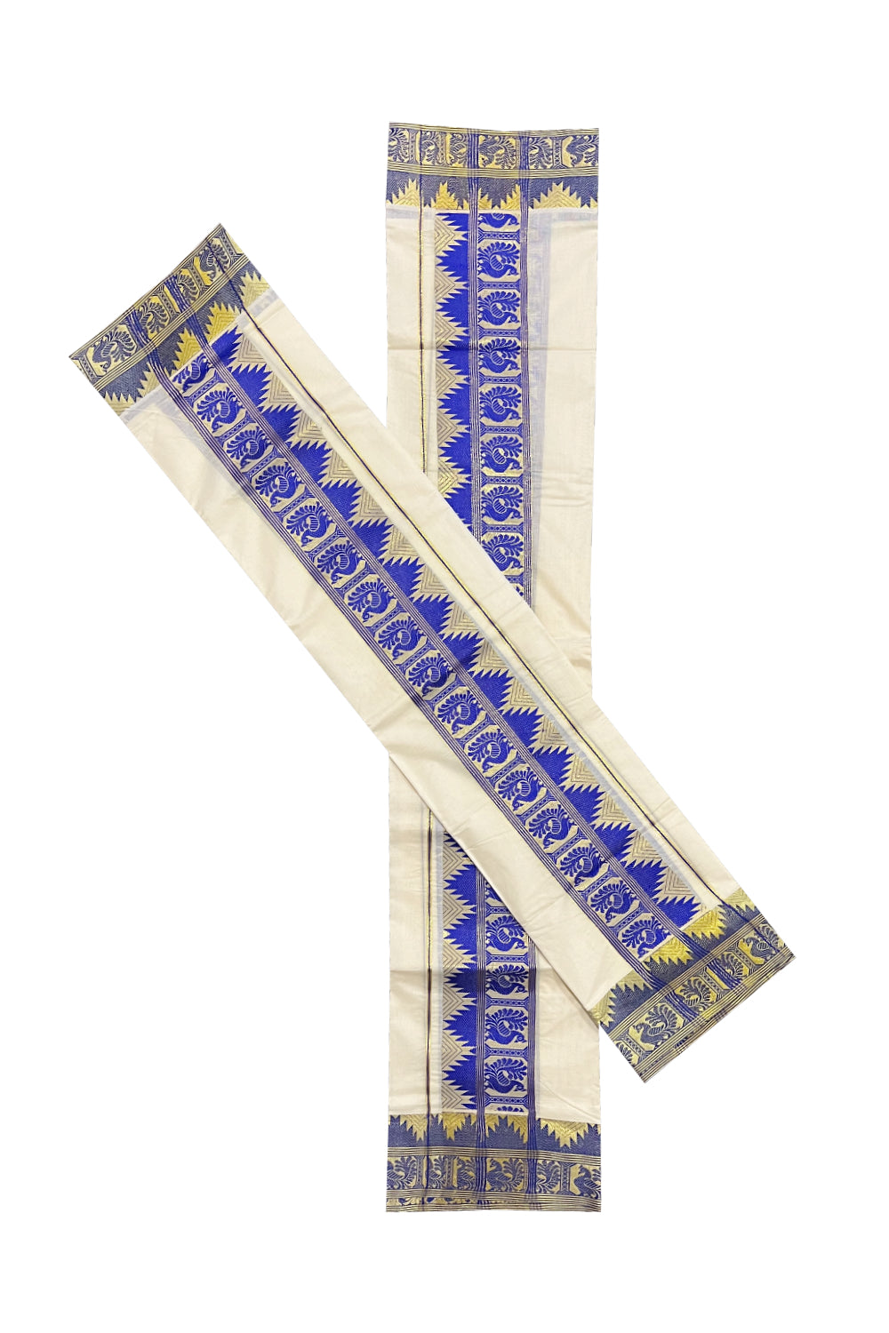 Pure Cotton Set Mundu (Mundum Neriyathum) with Blue and Kasavu Woven Design on Border 2.80 Mtrs