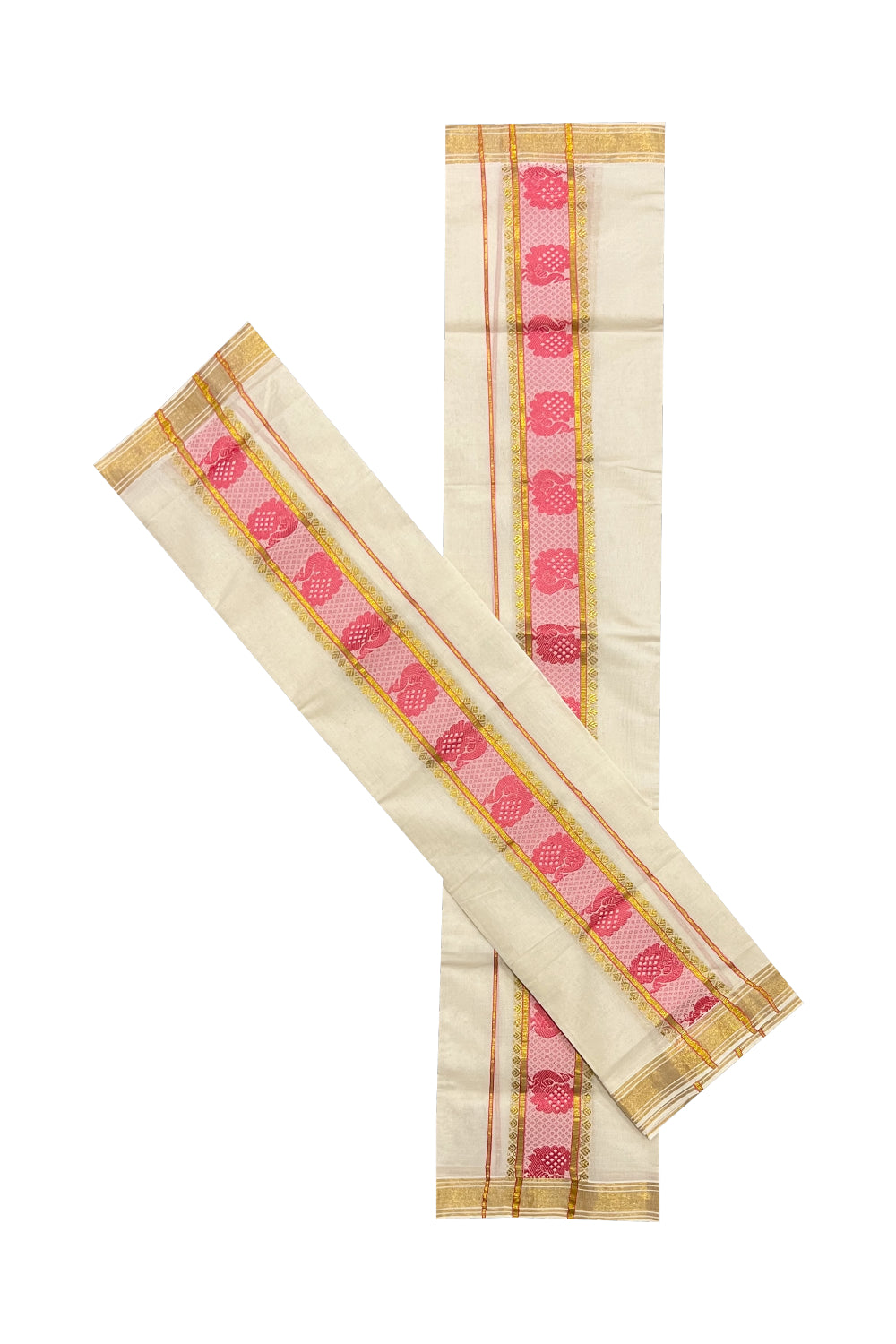 Kerala Cotton Set Mundu (Mundum Neriyathum) with Pink Peacock Woven and Kasavu Border