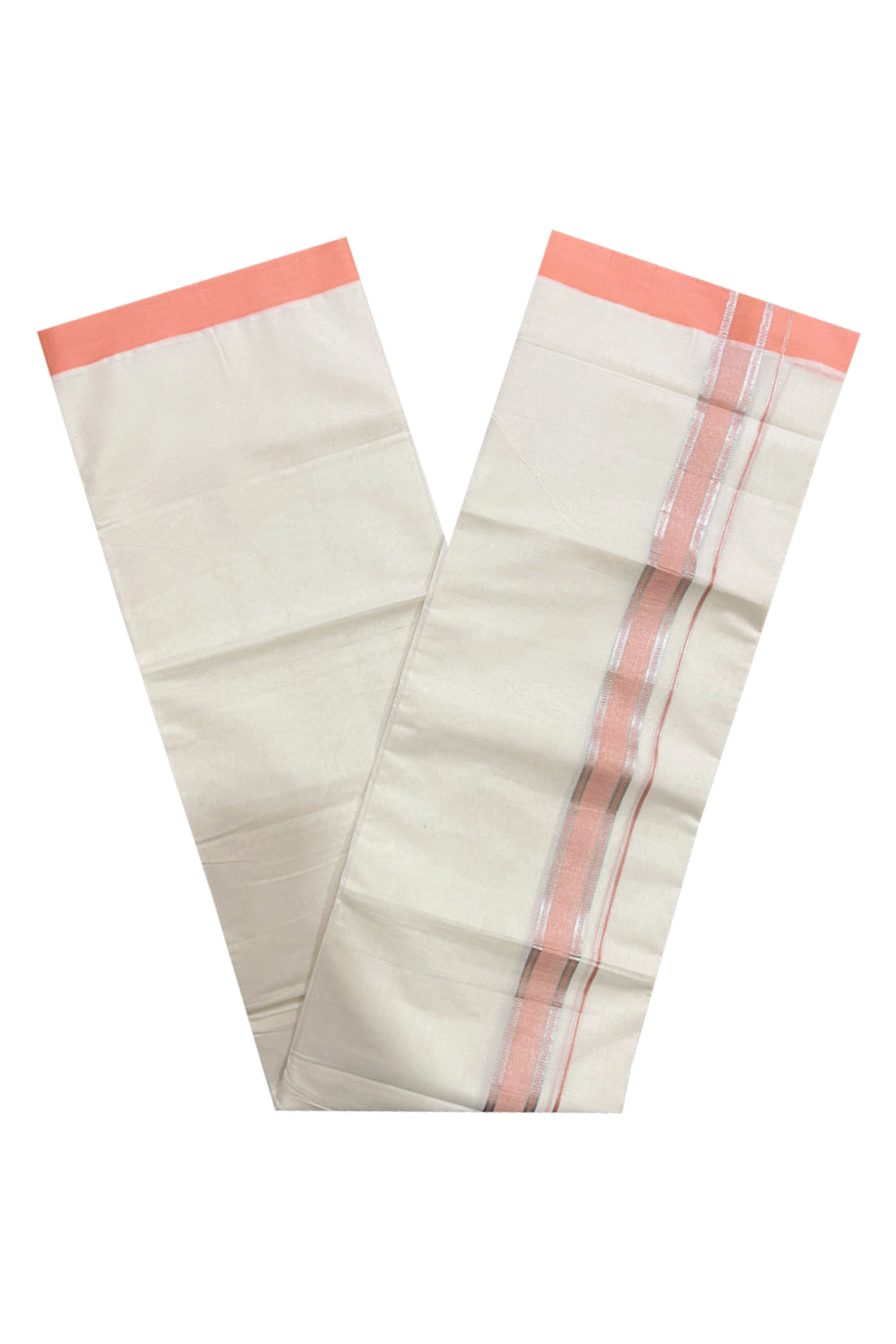 Pure Cotton Off White Double Mundu with Peach and Silver Kara (South Indian Dhoti)