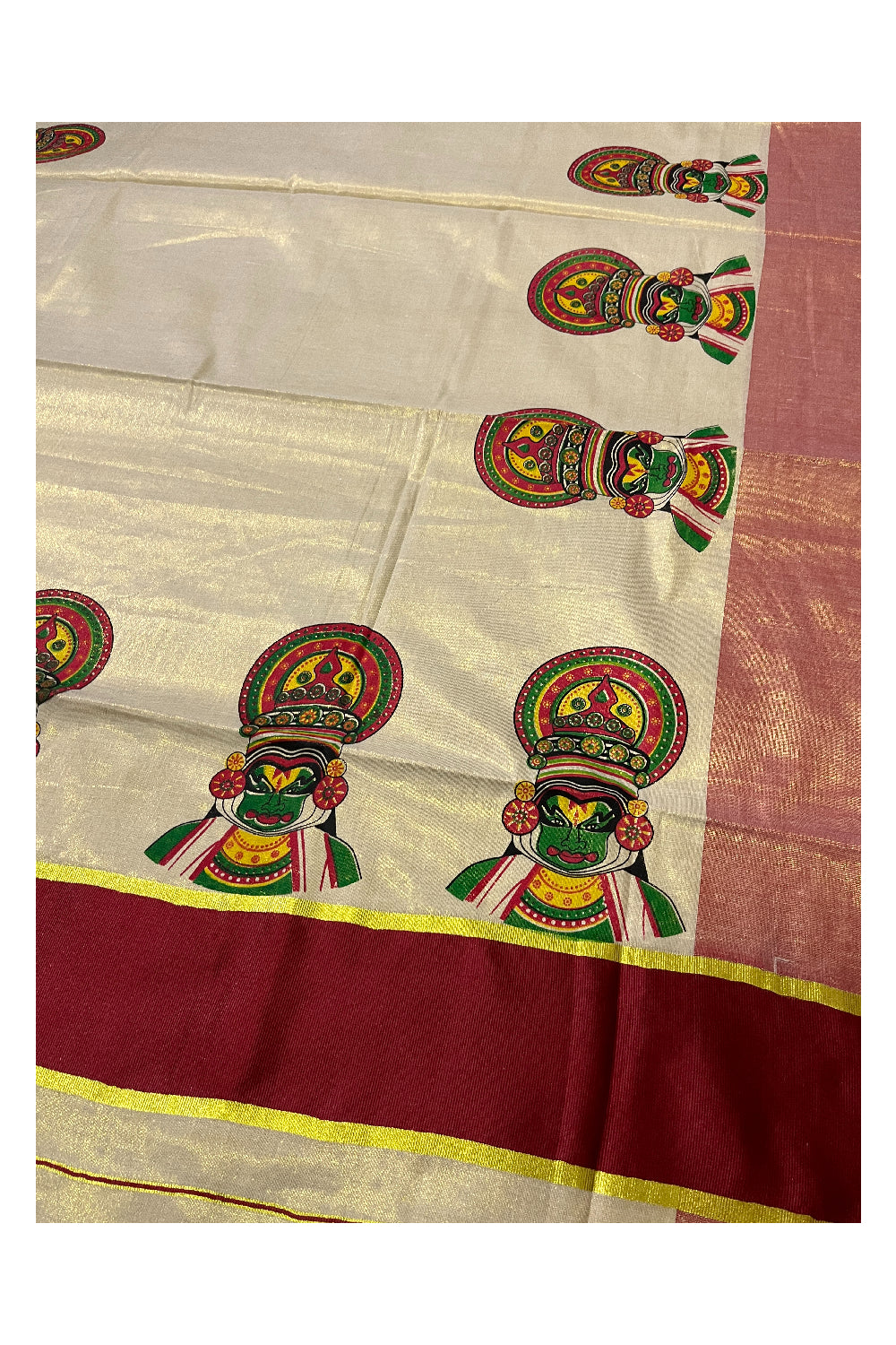 Kerala Tissue Kasavu Kathakali Mural Prints and Maroon Border Saree