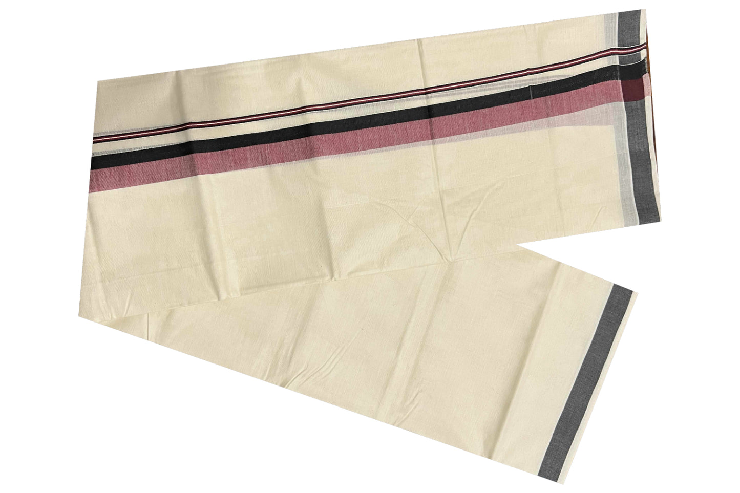 Off White Pure Cotton Double Mundu with Black and Maroon Shaded Border (South Indian Dhoti)