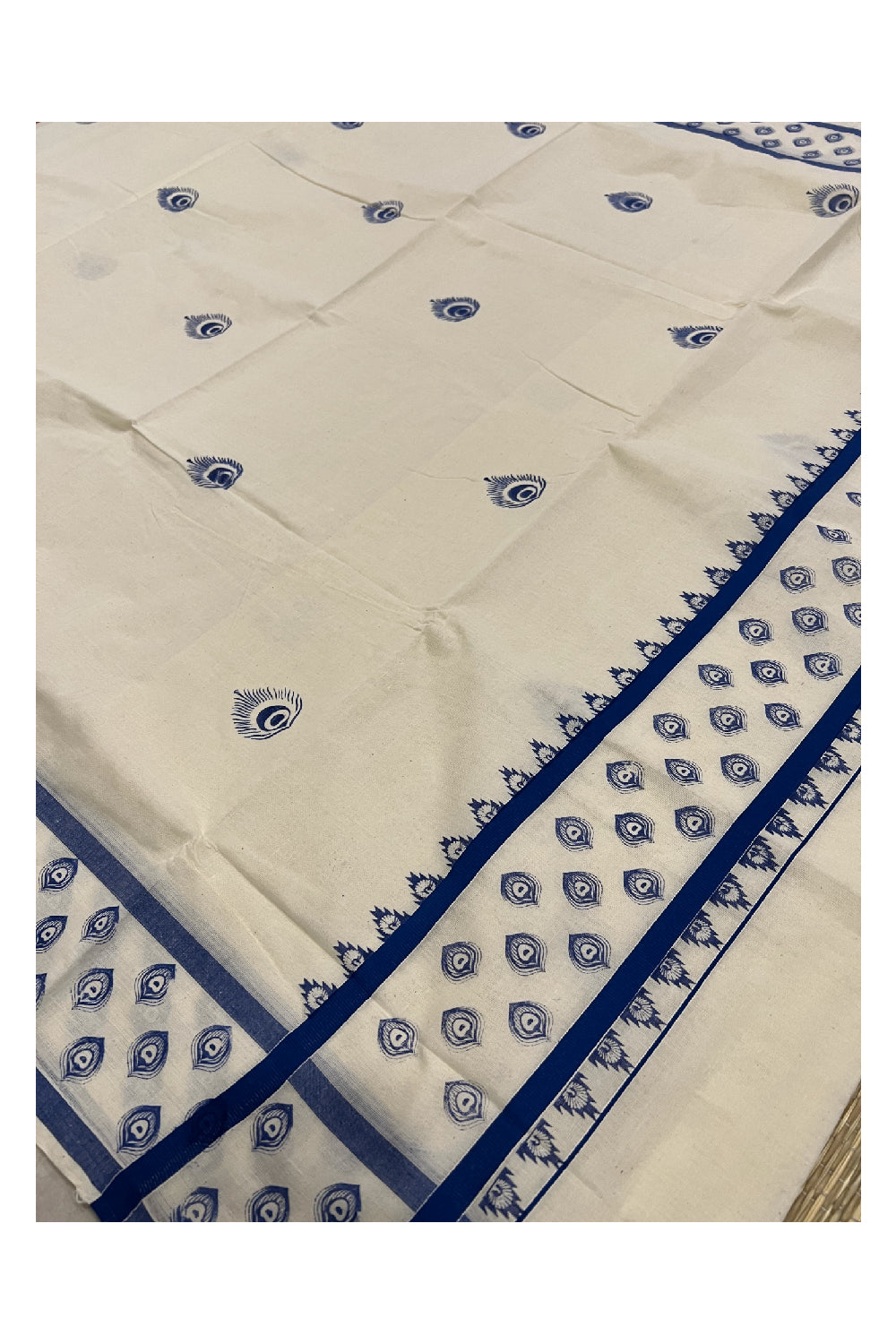 Pure Cotton Off White Kerala Saree with Blue Block Print Border