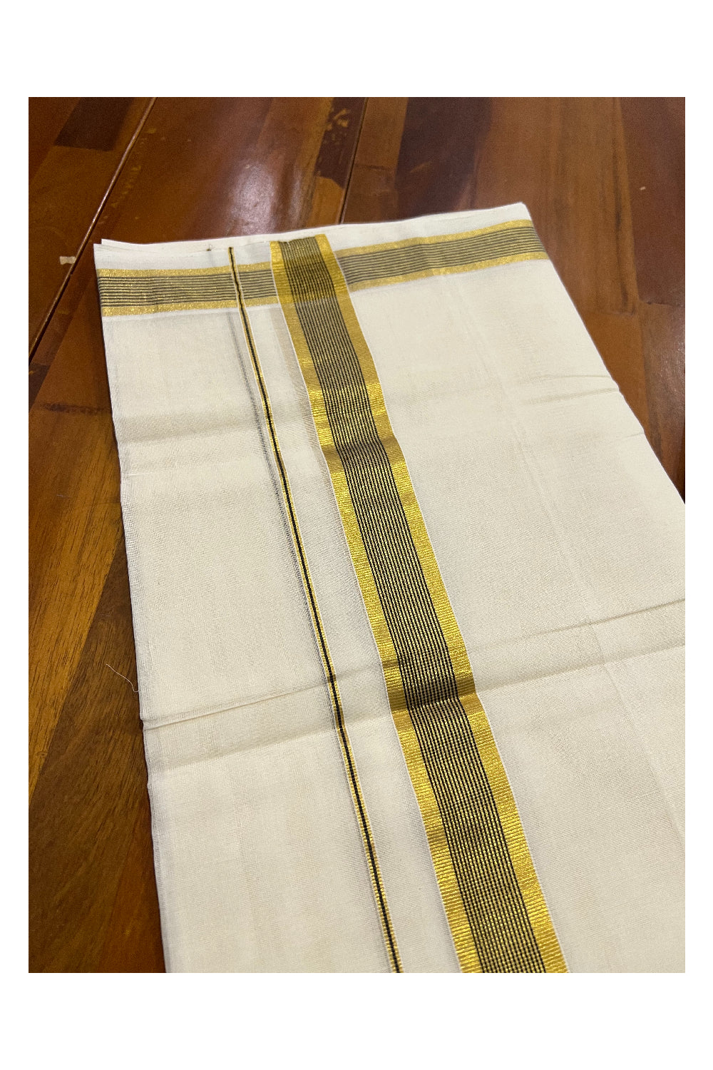 Southloom Balaramapuram Handloom Pure Cotton Mundu with Golden and Black Line Kasavu Border (South Indian Dhoti)