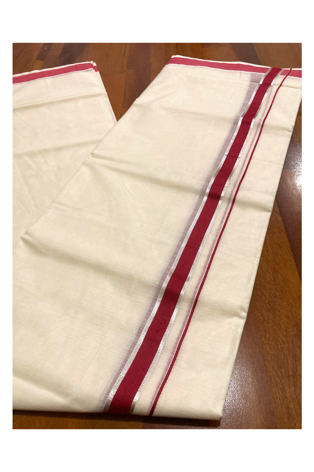 Pure Cotton Double Mundu with Maroon and Silver Kasavu Border (South Indian Dhoti)