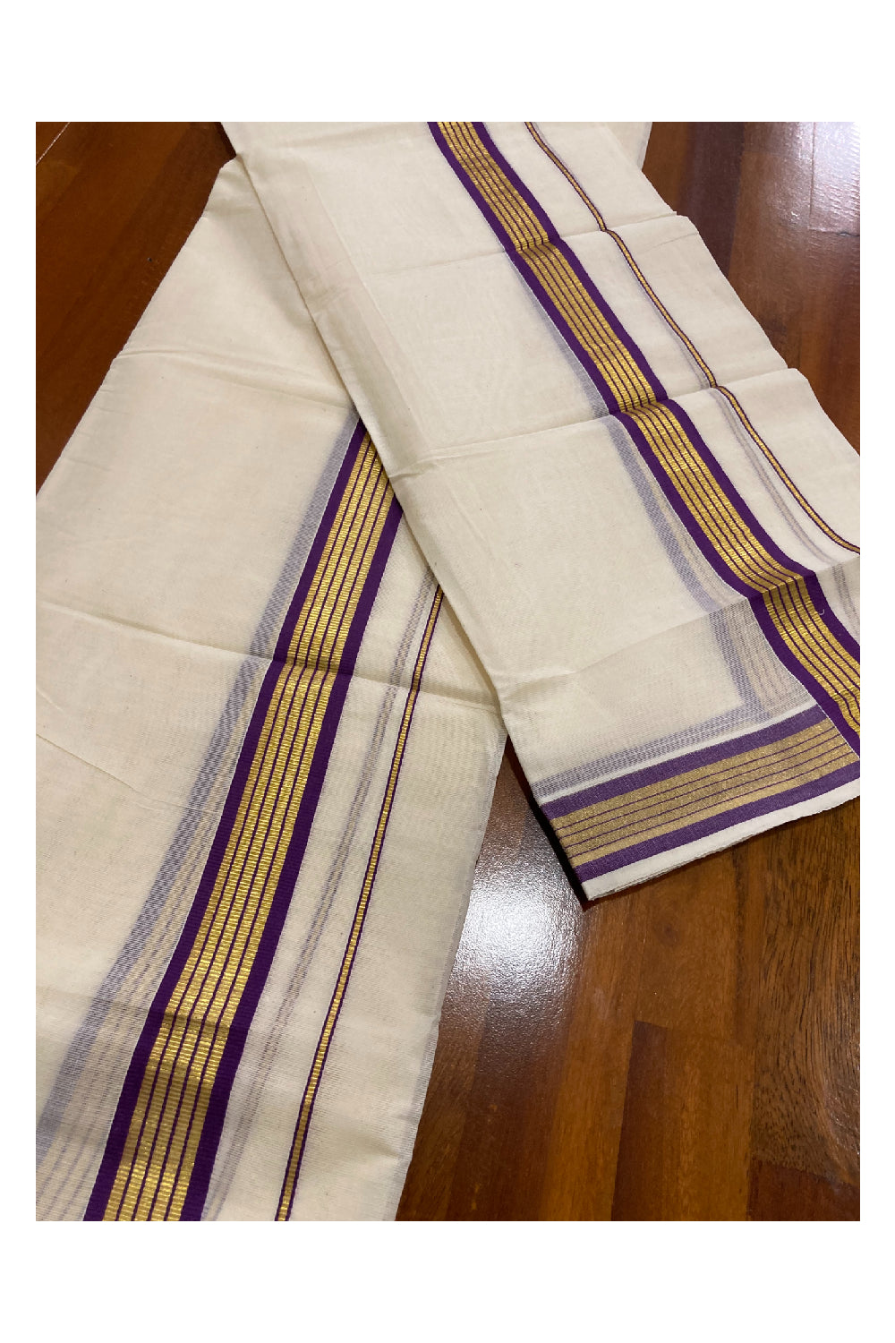 Kerala Cotton Mundum Neriyathum Double (Set Mundu) with Purple and Kasavu Border