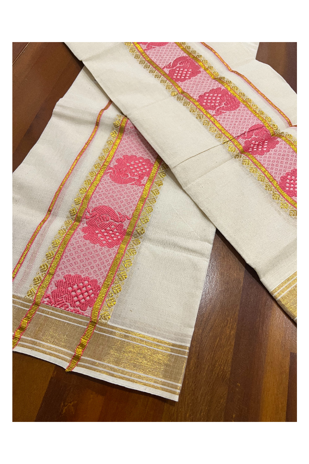 Kerala Cotton Set Mundu (Mundum Neriyathum) with Pink Peacock Woven and Kasavu Border