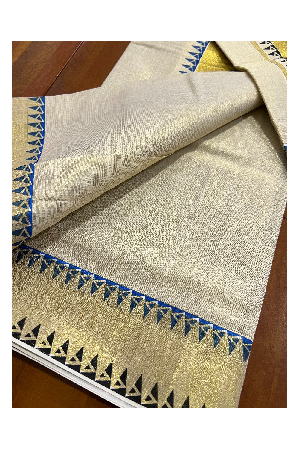 Kerala Tissue Kasavu Set Mundu (Mundum Neriyathum) with Blue and Black Temple Block Print