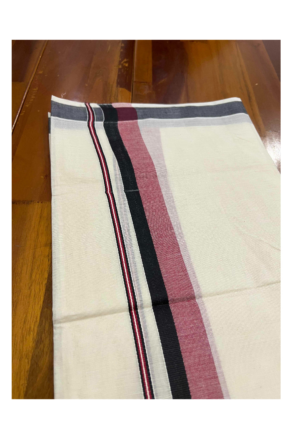 Off White Pure Cotton Double Mundu with Black and Maroon Shaded Border (South Indian Dhoti)