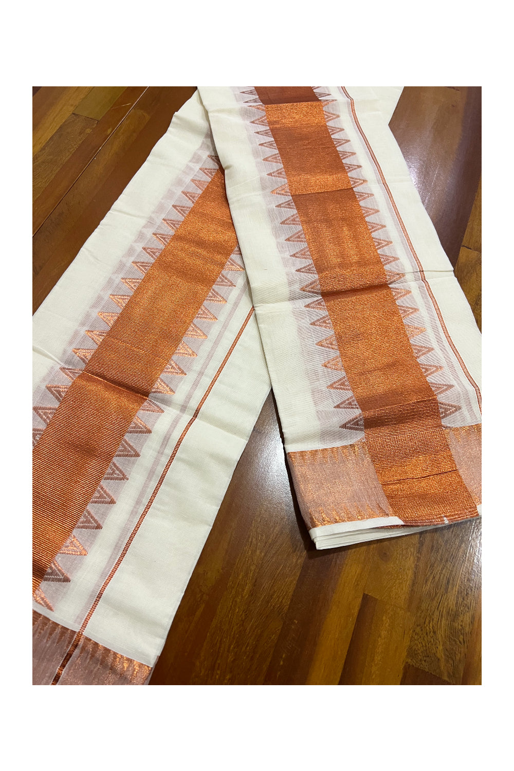 Kerala Cotton Set Mundu Single (Mundum Neriyathum) with Copper Kasavu Temple Work