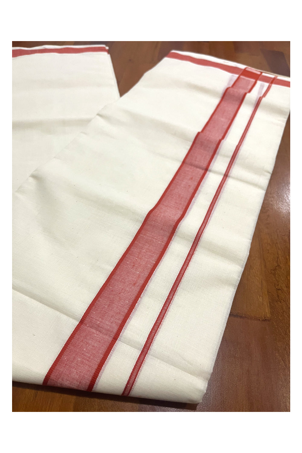 Pure Cotton Off White Double Mundu with Dark Orange Border (South Indian Dhoti)