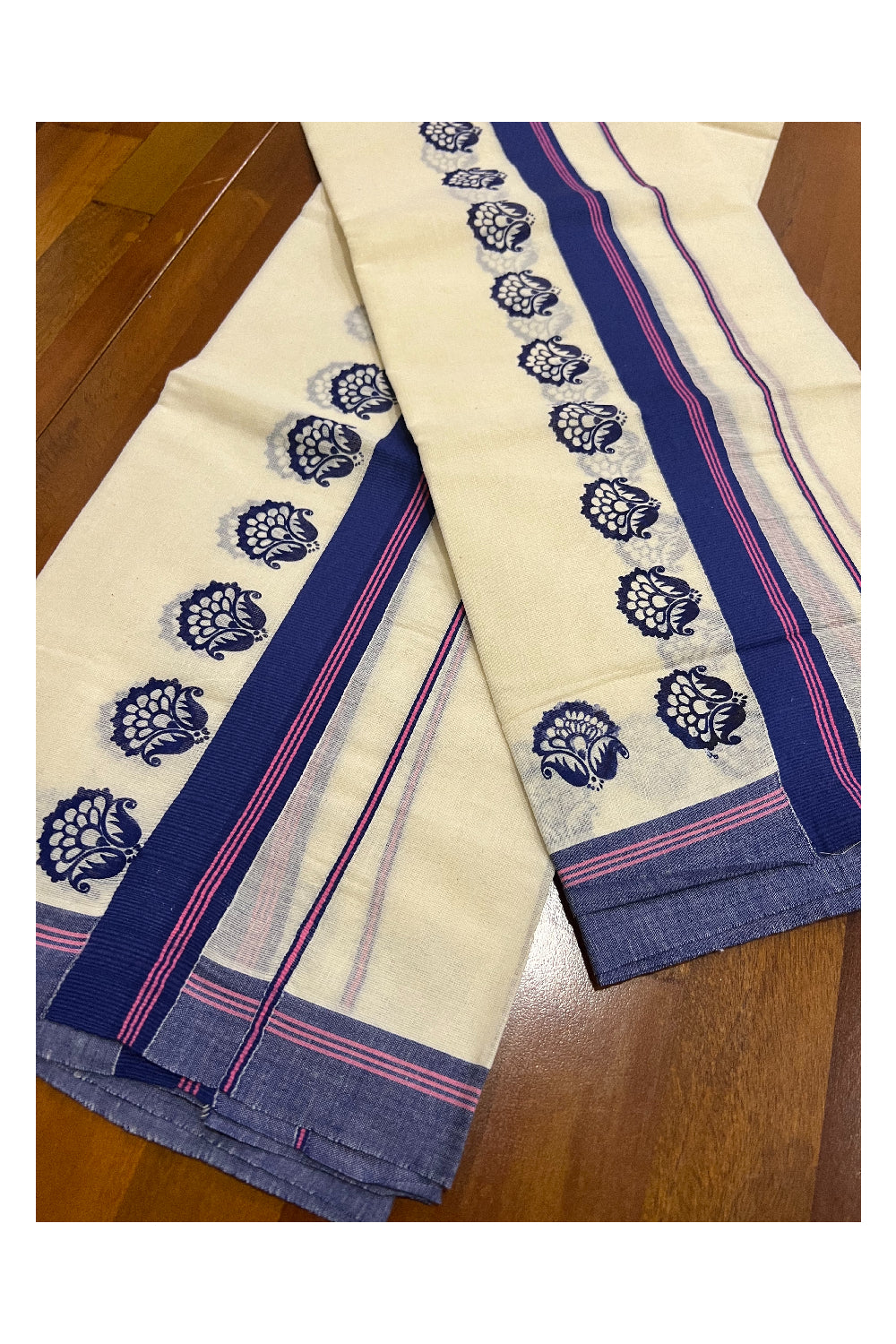 Pure Cotton Set Mundu (Mundum Neriyathum) with Dark Blue Floral Block Prints and Pink Lines on Border