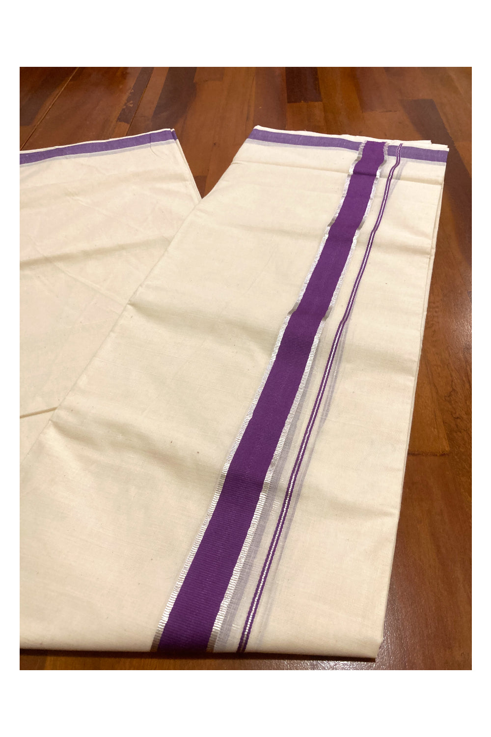 Pure Cotton Double Mundu with Violet and Silver Kasavu Border (South Indian Kerala Dhoti)