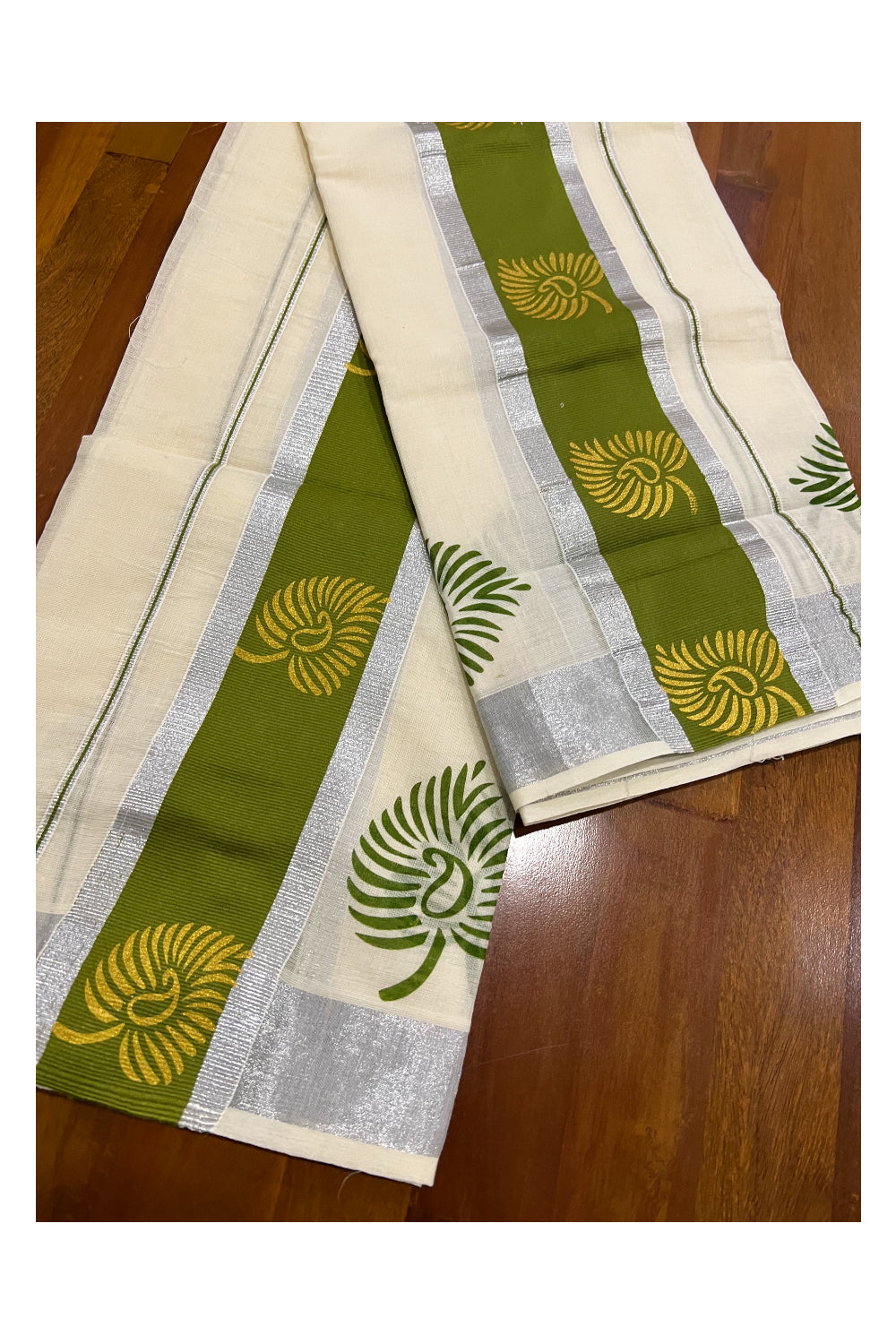 Pure Cotton Kerala Silver Kasavu Set Mundu (Mundum Neriyathum) with Paisley Block Prints on Green Border
