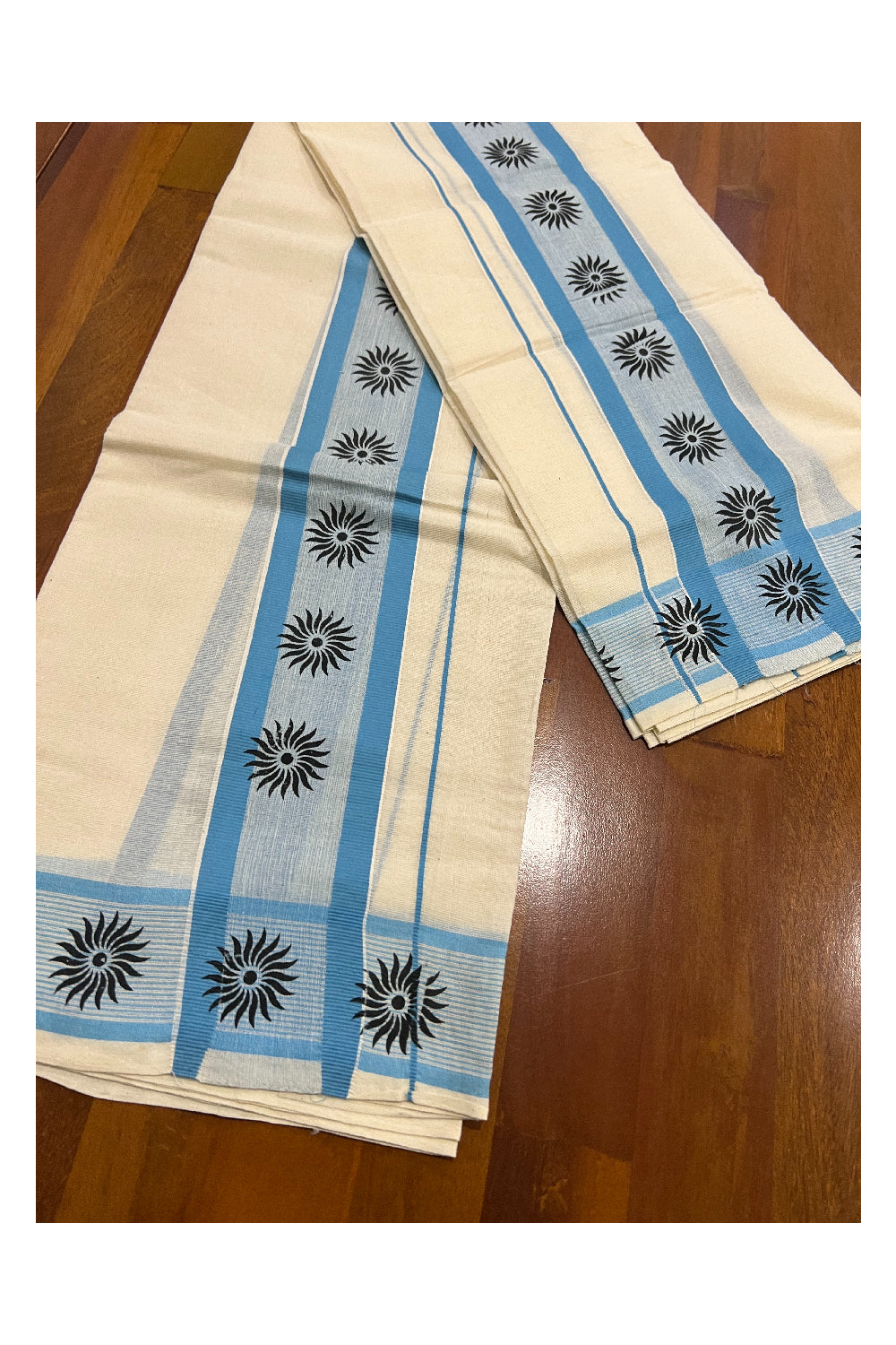 Kerala Cotton Set Mundu (Mundum Neriyathum) with Black Block Prints on Light Blue Border