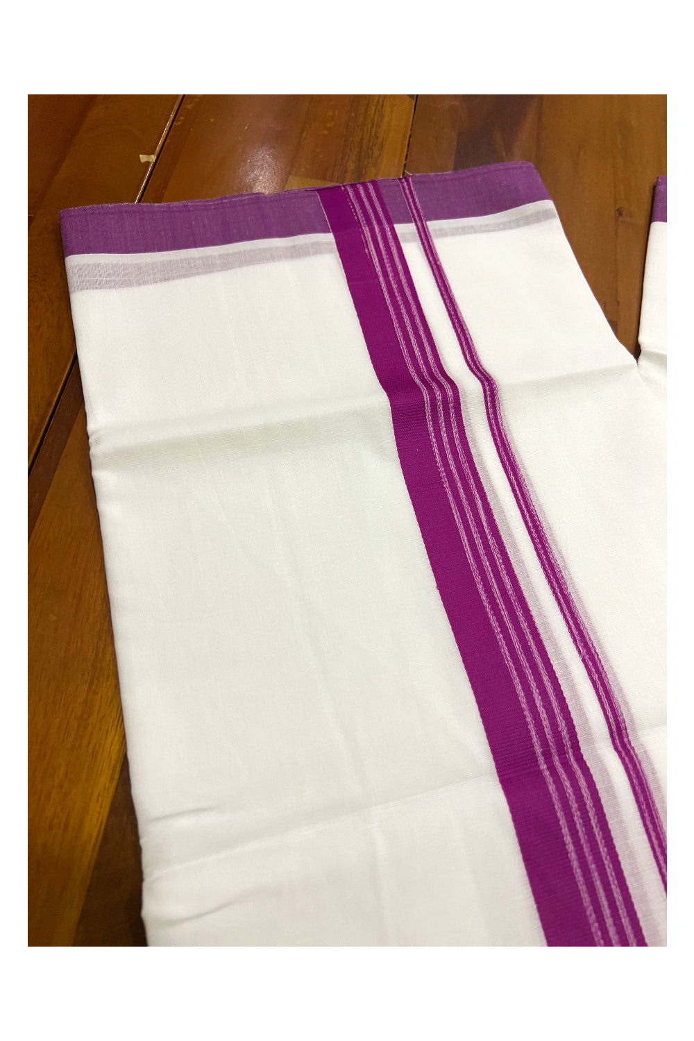 Pure White Cotton Double Mundu with Magenta Border (South Indian Dhoti)