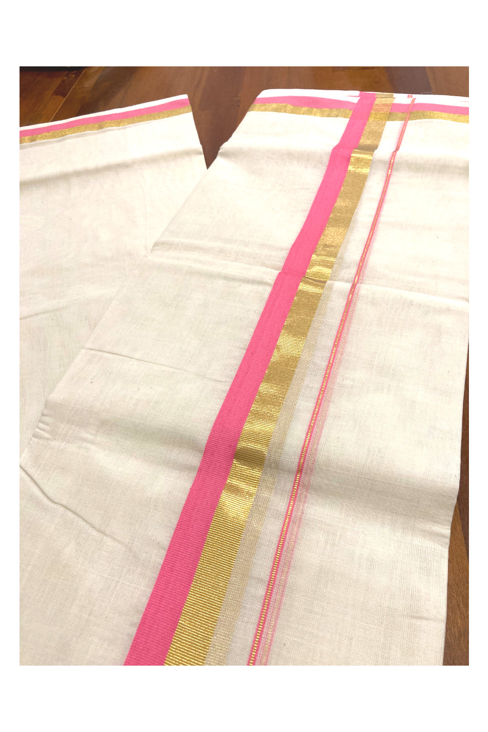 Southloom Premium Handloom Pure Cotton Mundu with Kasavu and Pink Border (South Indian Kerala Dhoti)