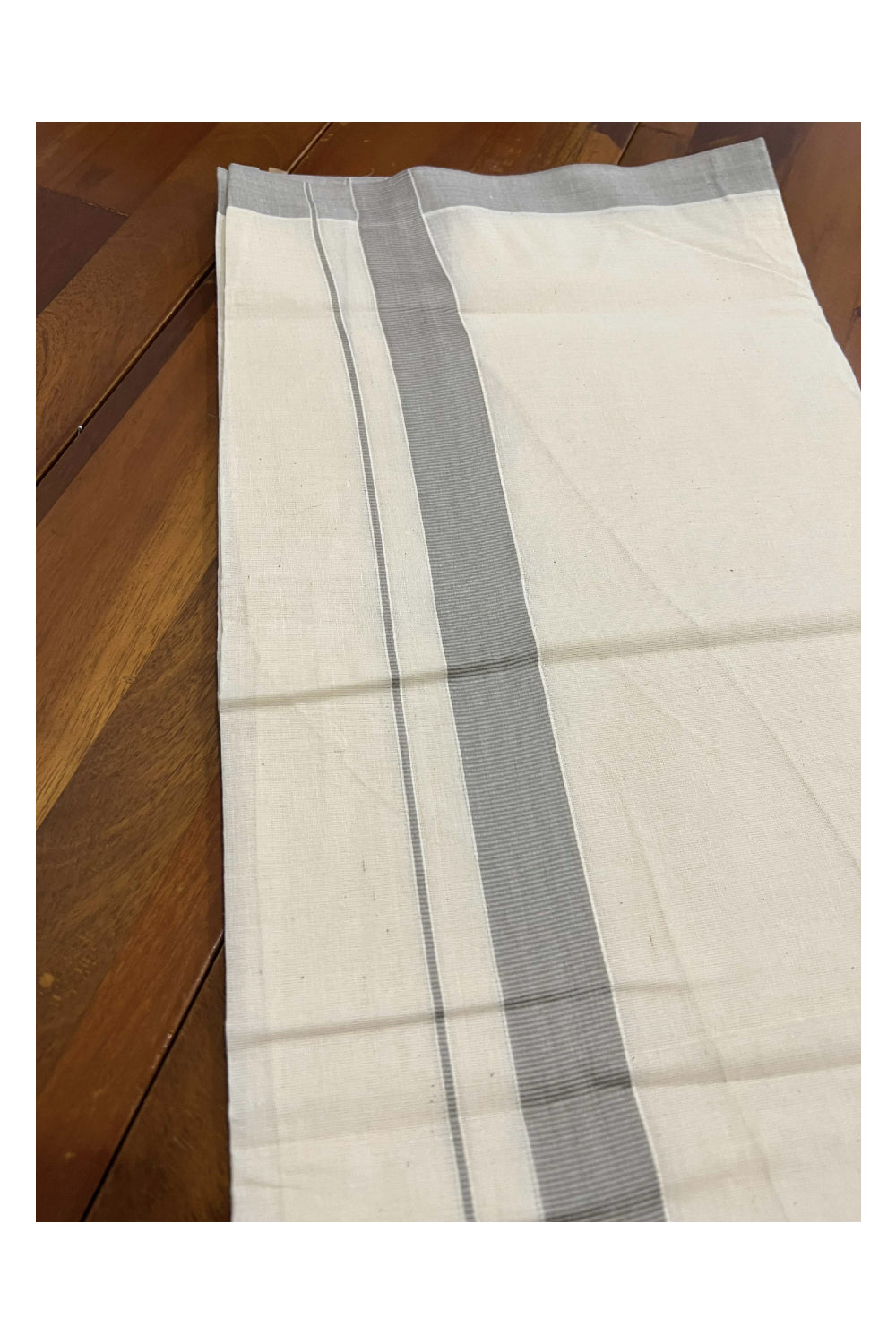 Off White Pure Cotton Double Mundu with Grey Kara (South Indian Dhoti)