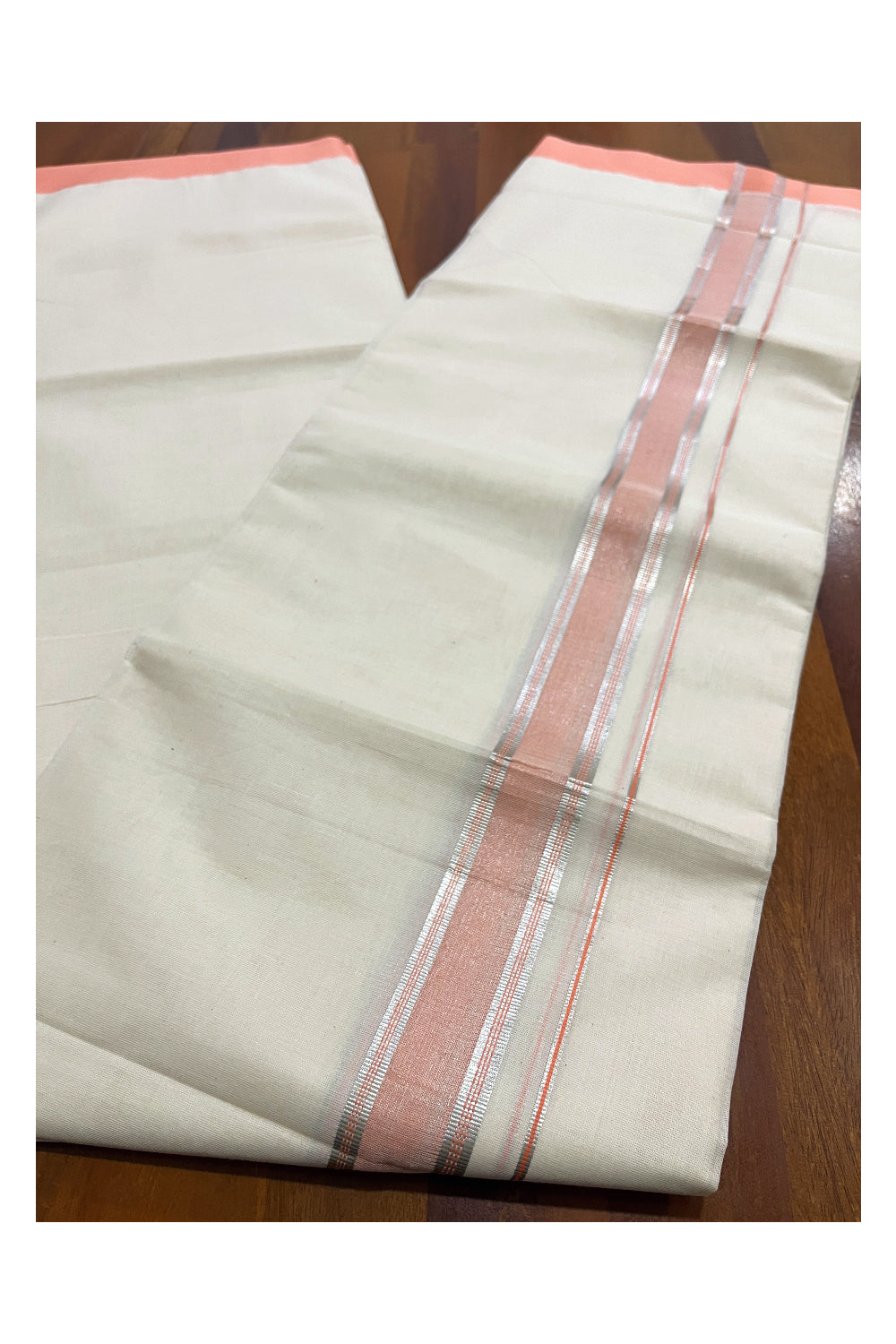 Pure Cotton Off White Double Mundu with Peach and Silver Kara (South Indian Dhoti)