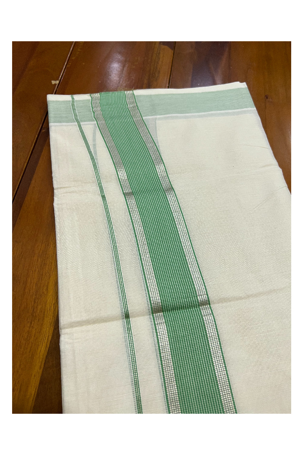 Off White Kerala Double Mundu with Silver Kasavu and Light Green Border (South Indian Dhoti)