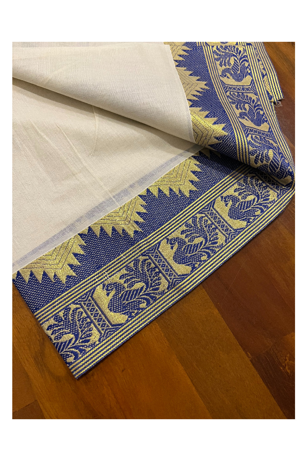 Pure Cotton Set Mundu (Mundum Neriyathum) with Blue and Kasavu Woven Design on Border 2.80 Mtrs