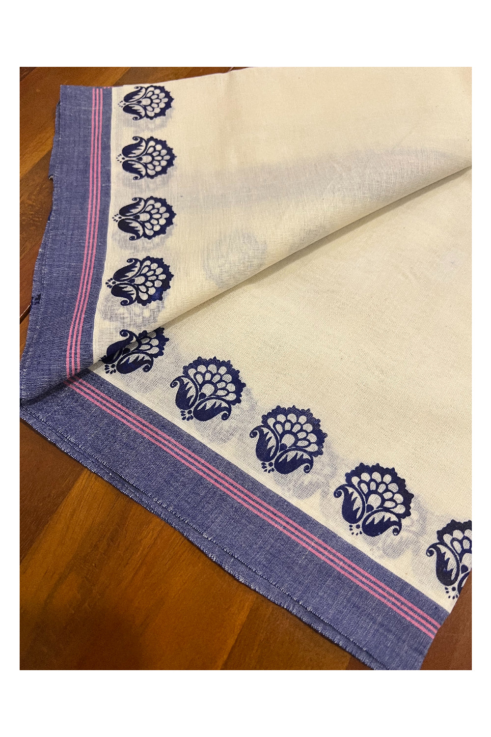 Pure Cotton Set Mundu (Mundum Neriyathum) with Dark Blue Floral Block Prints and Pink Lines on Border