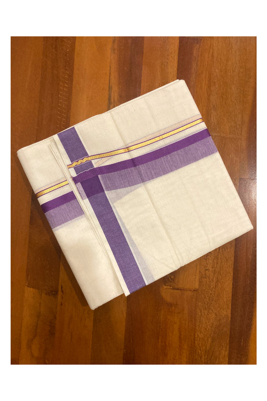 Off White Pure Cotton Double Mundu with Kasavu and Violet Border (South Indian Dhoti)