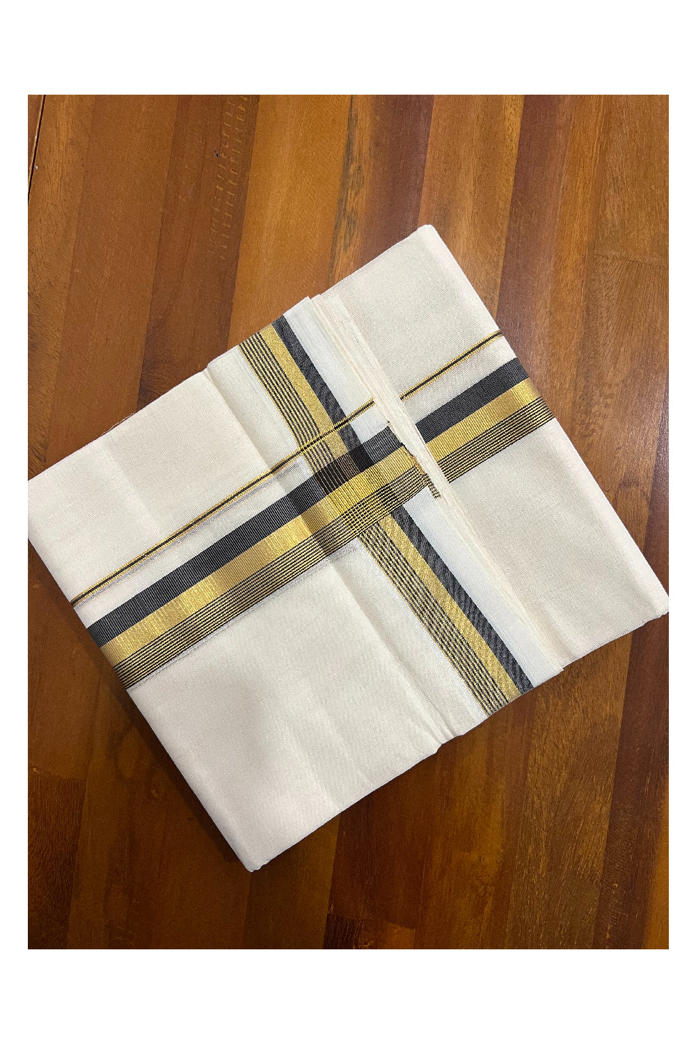 Southloom Balaramapuram Handloom Pure Cotton Mundu with Golden and Black Line Kasavu Border (South Indian Dhoti)