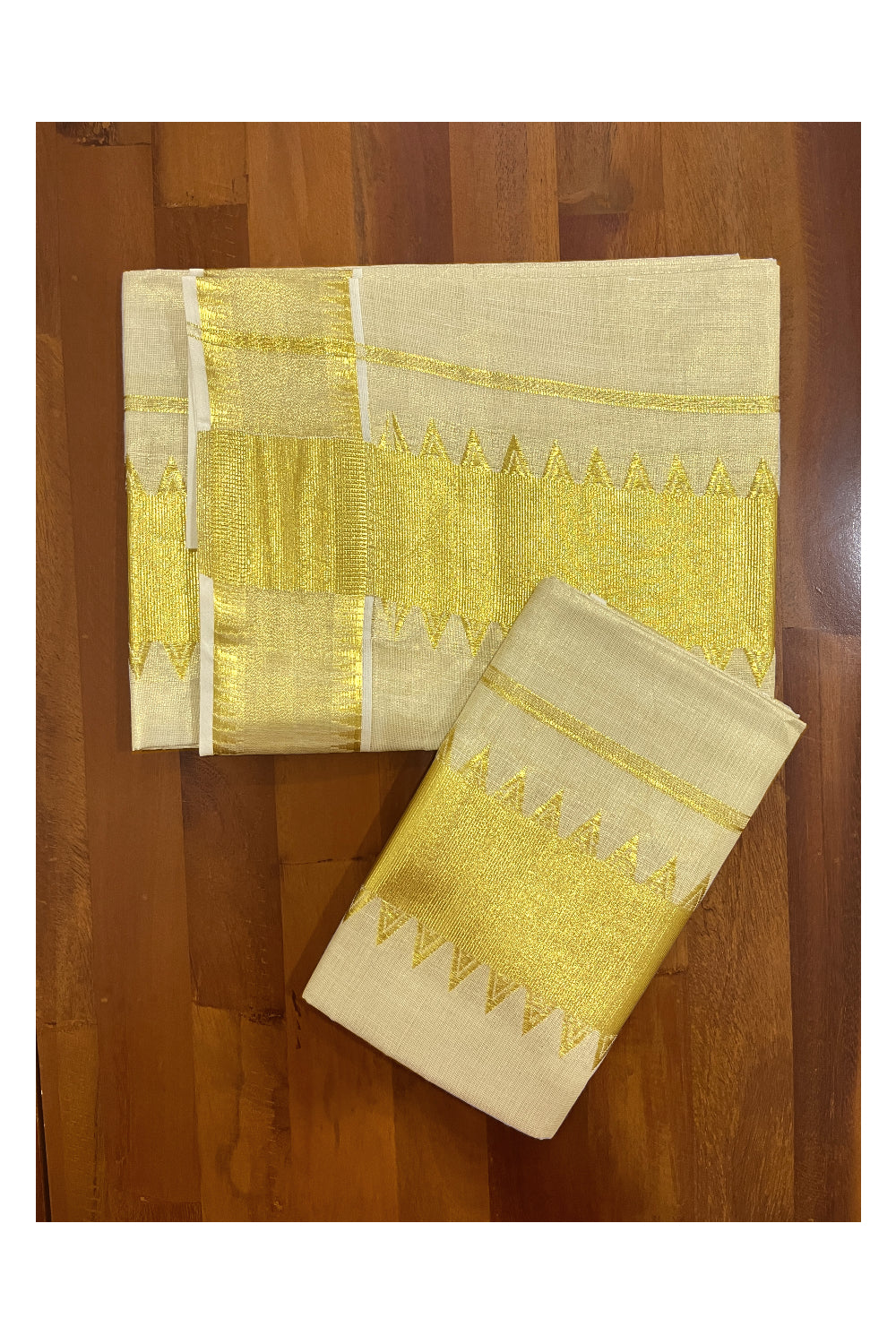 Kerala Tissue Mundum Neriyathum Single (Set Mundu) with Kasavu Temple Woven Border 2.80 Mtrs