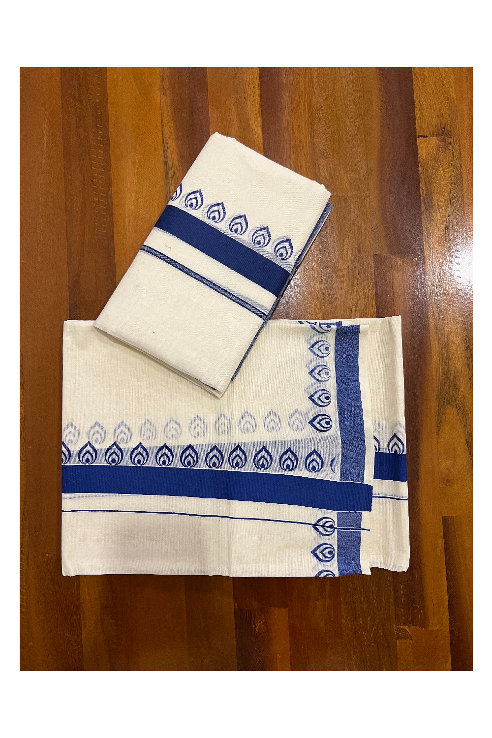 Pure Cotton Set Mundu (Mundum Neriyathum) with Blue Block Prints on Border