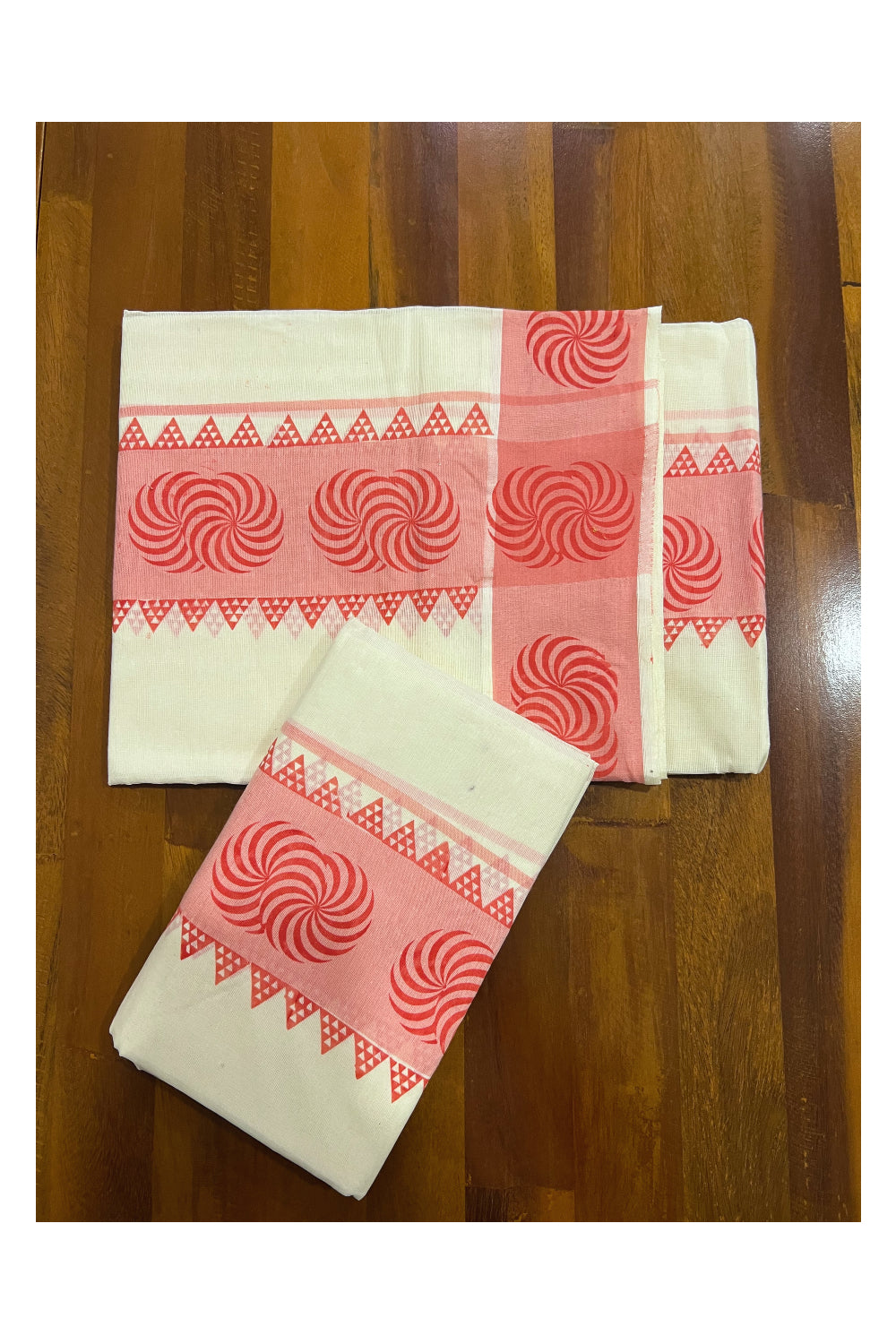 Kerala Cotton Set Mundu (Mundum Neriyathum) with Peach Temple Block Prints on Border