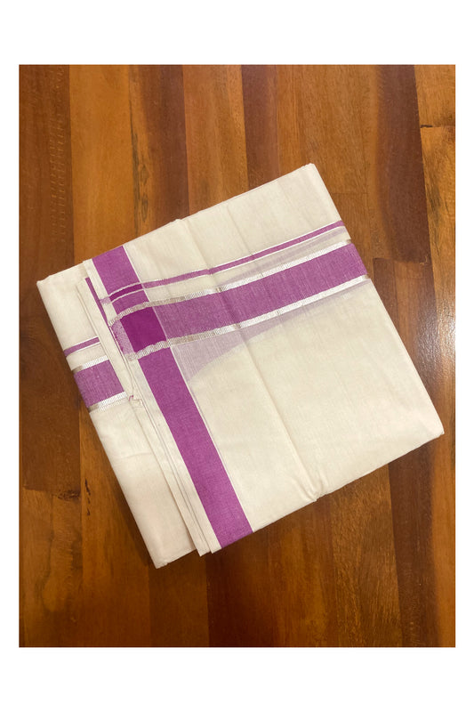 Off White Pure Cotton Double Mundu with Silver Kasavu and Magenta Border (South Indian Dhoti)