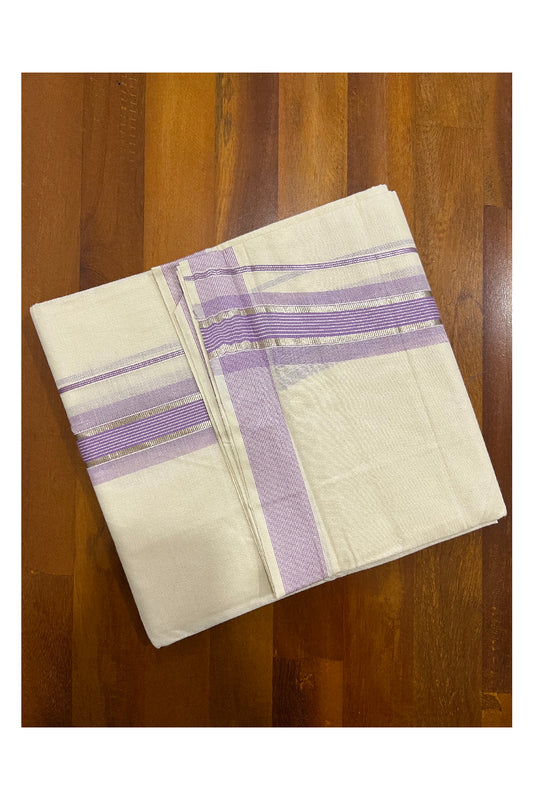 Off White Kerala Double Mundu with Silver Kasavu and Violet Line Border (South Indian Dhoti)