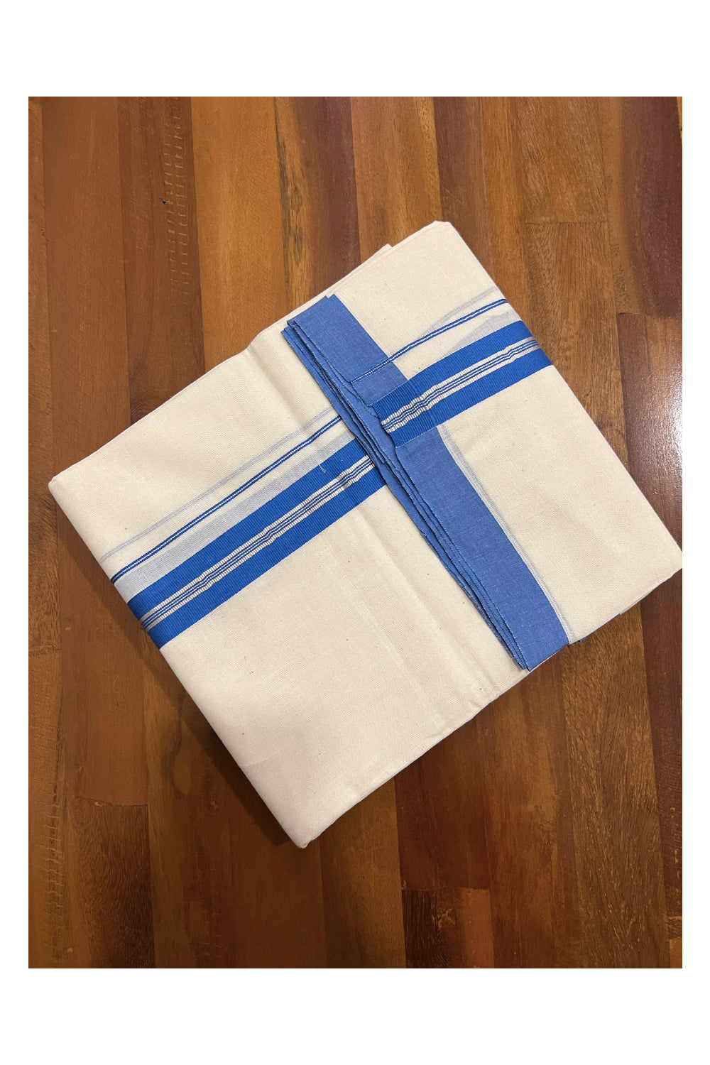 Off White Pure Cotton Double Mundu with SIlver Kasavu and Blue Kara (South Indian Dhoti)