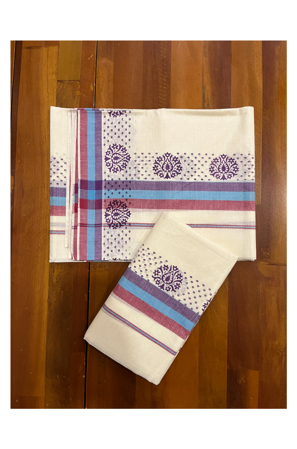 Kerala Cotton Mulloth Mundum Neriyathum Single (Set Mundu) with Violet Block Prints on Blue Red Violet Border (Extra Soft Cotton)