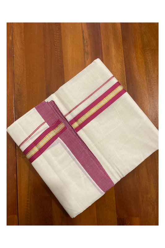 Off White Cotton Mundu with Rose and Kasavu Kara (South Indian Dhoti)