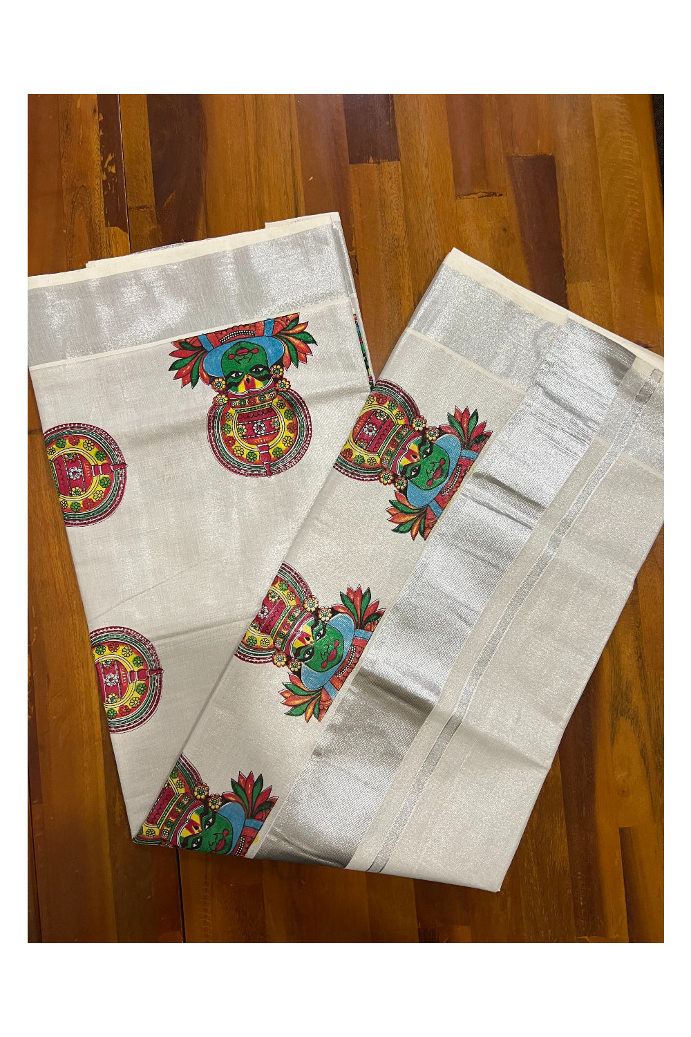 Kerala Silver Tissue Kasavu Saree with Mural Kathakali Design