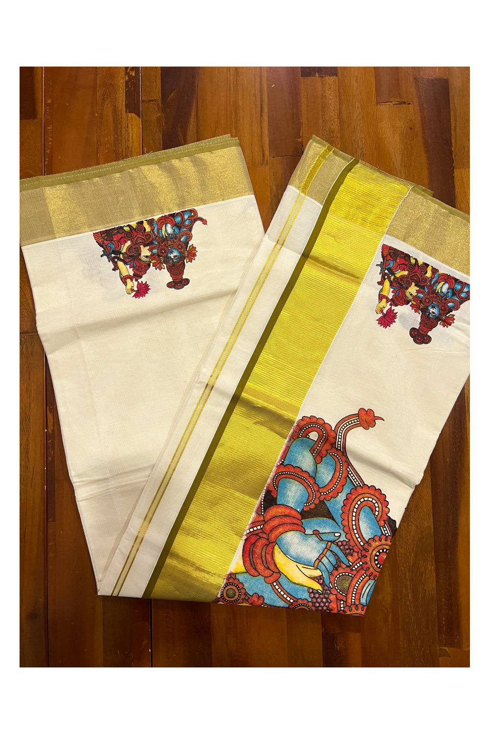 Kerala Pure Cotton Kasavu Saree with Mural Krishna Radha Printed and Olive Green Border