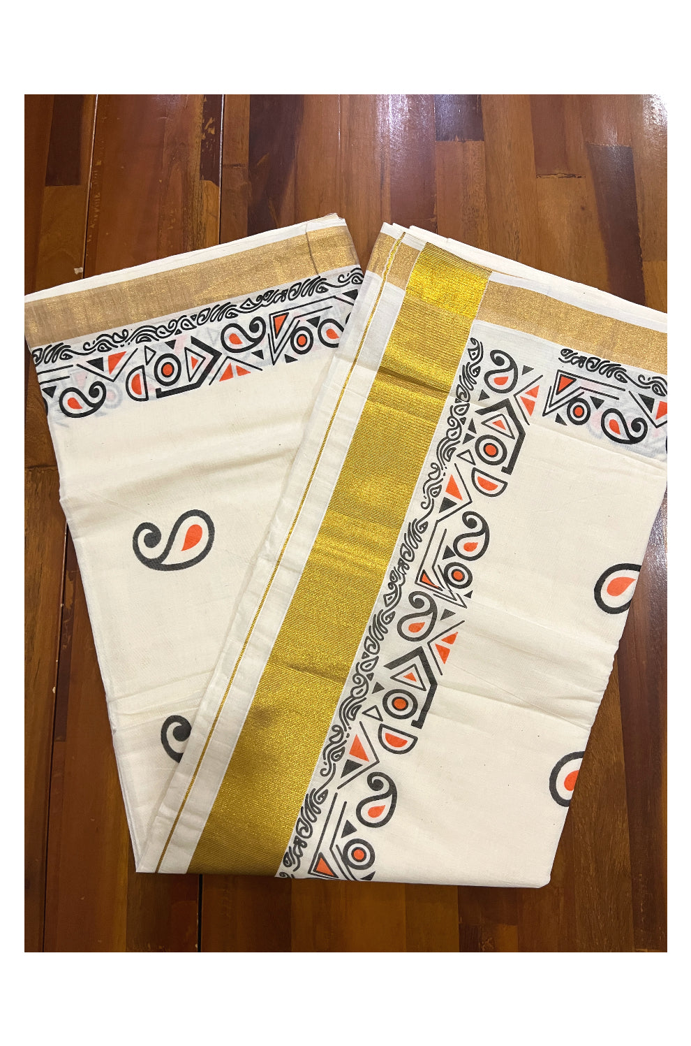 Pure Cotton Off White Kerala Kasavu Saree with Black and Orange Block Prints on Border