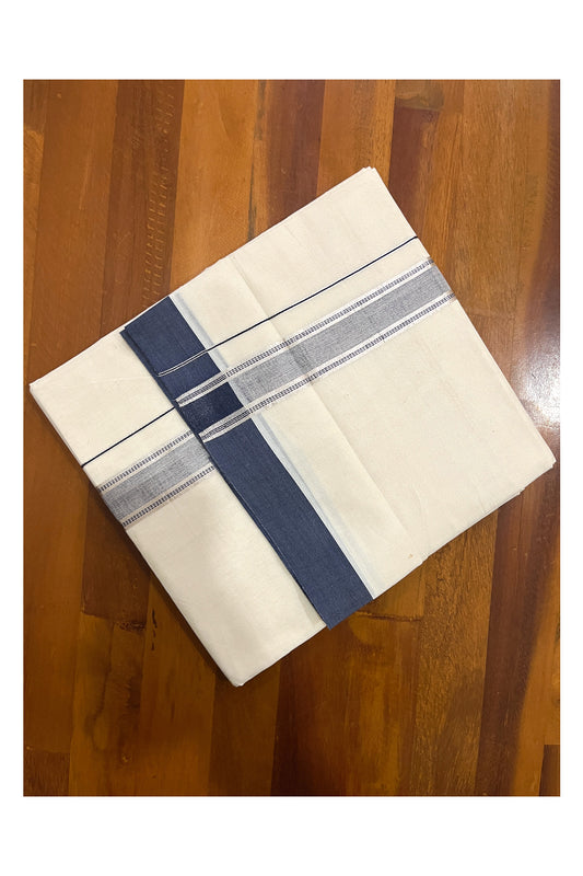 Pure Cotton Off White Double Mundu with Navy Blue and Silver Kara (South Indian Dhoti)