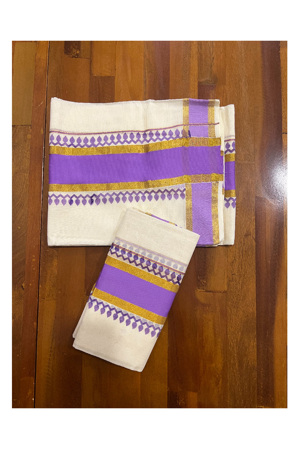 Kerala Cotton Set Mundu (Mundum Neriyathum) with Violet Block Prints and Kasavu Border