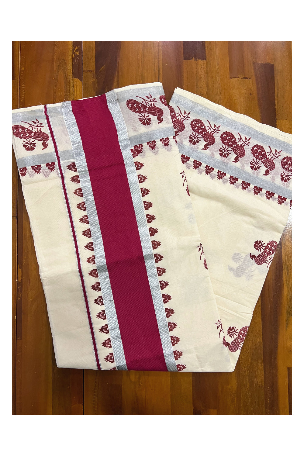 Pure Cotton Kerala Saree with Silver Kasavu and Maroon Peacock Block Prints on Border